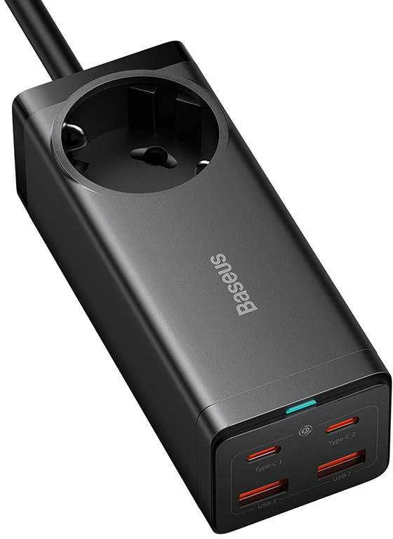 Baseus GaN3 Pro sieninis įkroviklis / maitinimo juosta 2xUSB + 2xUSB-C + AC 100W juodas