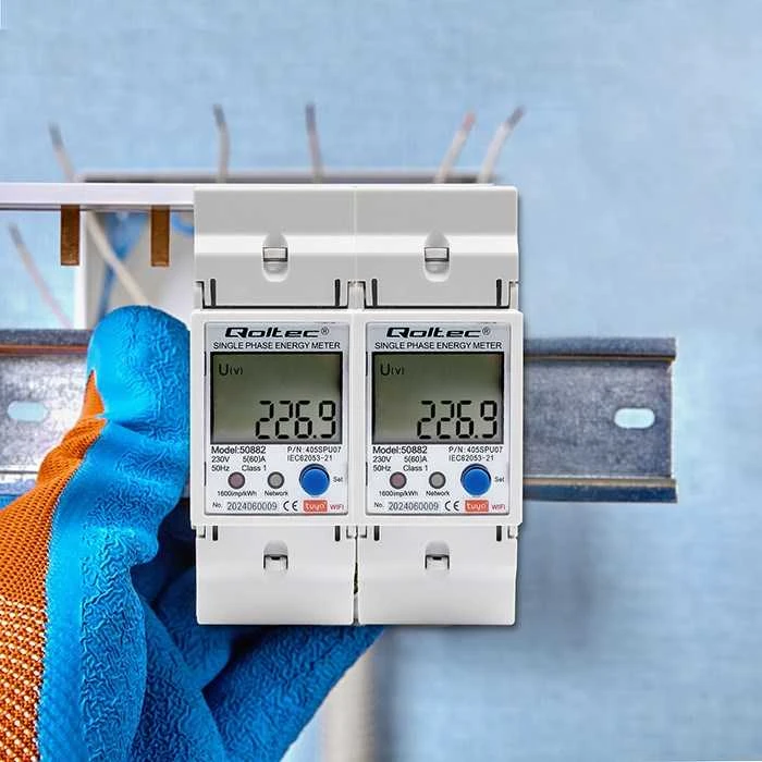 „Qoltec“ 1 fazės elektroninis skaitiklis | Energijos skaitiklis ant DIN bėgelio | „Wi-Fi“ | TUYA | 230 V | LCD
