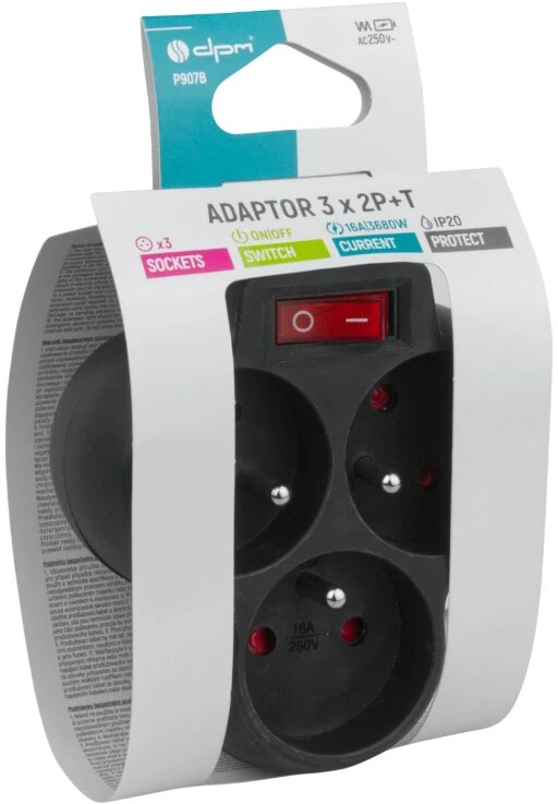Energijos Pratęsimo Laidas - DPM 3 Išėjimų Energijos Juosta 16A 250V Juoda