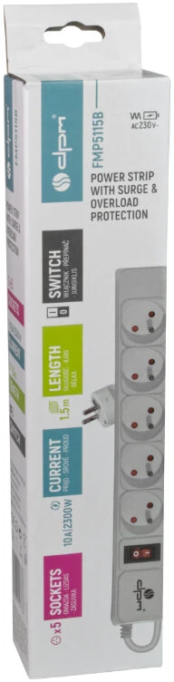 Energijos Pratęsimo Laidas - DPM 5G Energijos Juosta Su 5 Lizdais, 2300W, 1.5M, Balta