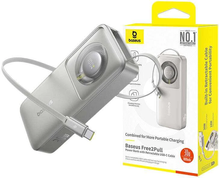 Baseus „Free2Pull“ 10000 mAh 30 W išorinė baterija su USB-C prievadu ir ištraukiamu USB-C laidu – pilkos spalvos