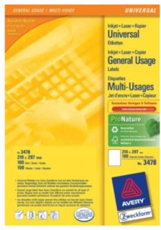 Lipnios etiketės Avery Zweckform, A4, 210x297mm, 1 etiketė lape, be rėmelio, 100 lapų, baltos spalvos
