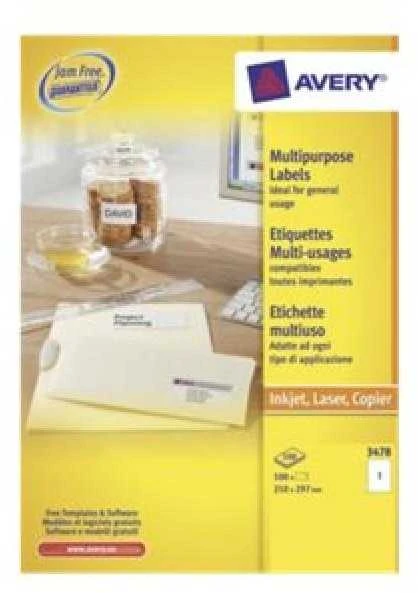 Lipnios etiketės Avery Zweckform, A4, 210x297mm, 1 etiketė lape, be rėmelio, 100 lapų, baltos spalvos