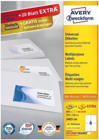 Lipnios etiketės Avery Zweckform, 105x148mm, 4 etiketės lape, 100 lapų, baltos spalvos
