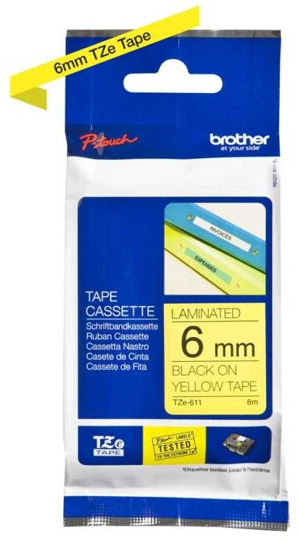 Brother | TZe-611 Laminated Tape | Juodas on Geltona | TZe | 8 m | 6 cm