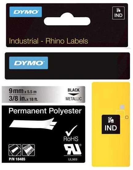 DYMO Rhino Poliesterio Juostelė 9mm x 5.5m / juodas ant metalizuotos (18485)