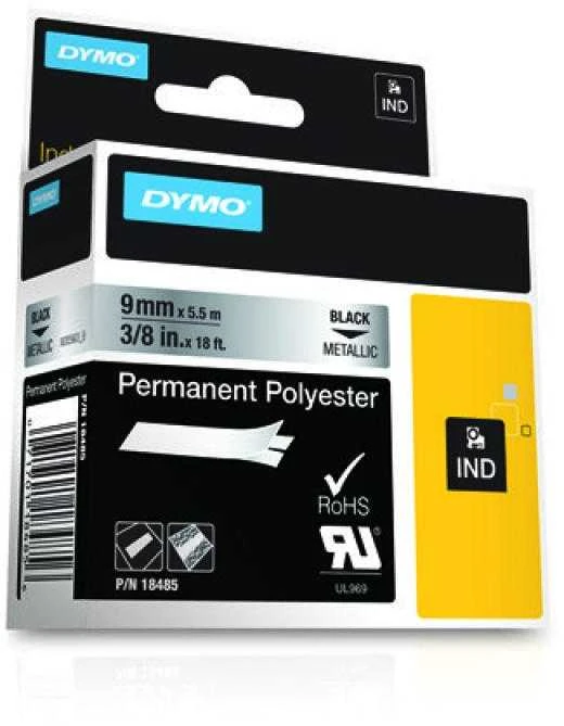DYMO Rhino Poliesterio Juostelė 9mm x 5.5m / juodas ant metalizuotos (18485)