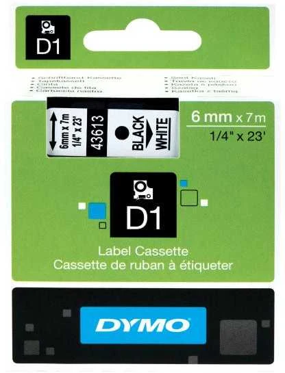 Juostelė DYMO D1, 6 mm x 7 m, Juodas šriftas/BALTA juosta