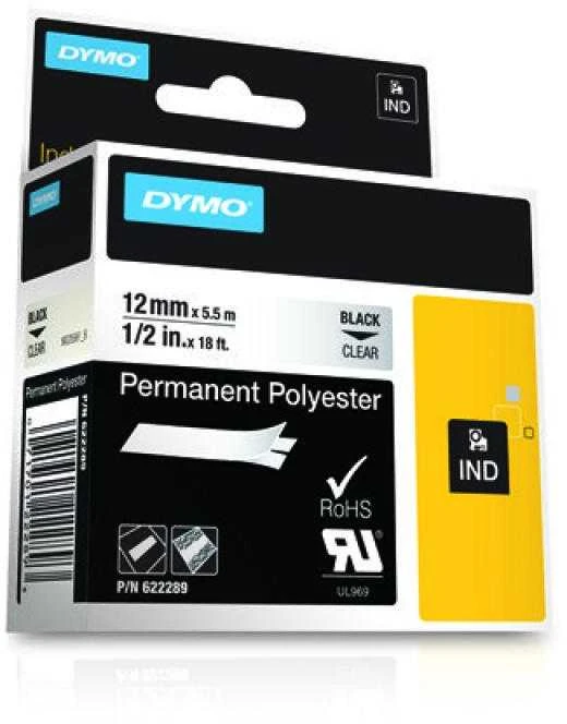 DYMO 622289 RHINO Poliesterio Juostelė 12mm x5,5m (skaidri / juodas šifras)