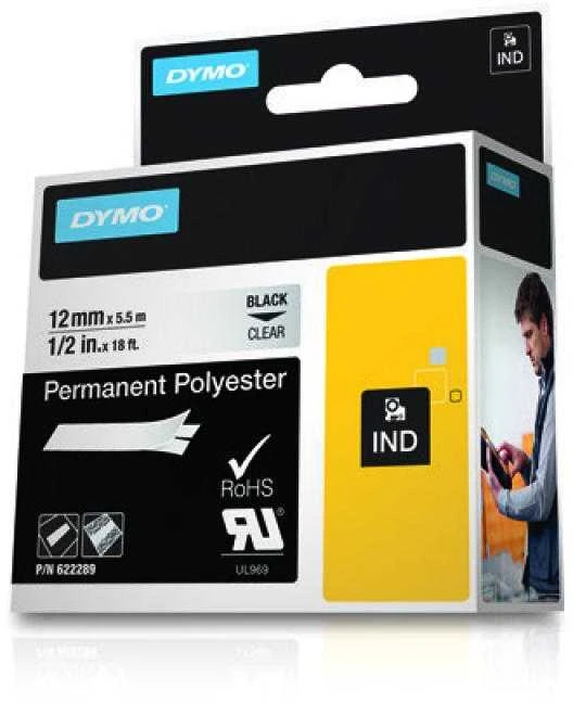 DYMO 622289 RHINO Poliesterio Juostelė 12mm x5,5m (skaidri / juodas šifras)