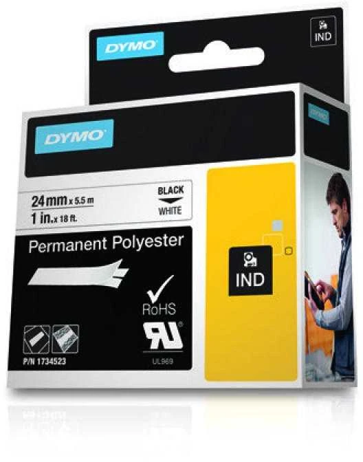 Rhino Professional, žymėjimo permanentinė poliesterio juosta, 24 mm, juodas tekstas ant baltos juostos, 5,5 m DYMO / 1734523