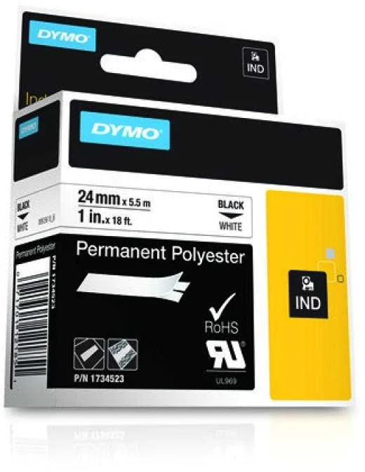Rhino Professional, žymėjimo permanentinė poliesterio juosta, 24 mm, juodas tekstas ant baltos juostos, 5,5 m DYMO / 1734523