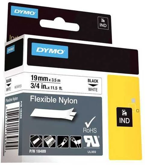 DYMO 18489 RHINO Nailono Juostelė 19mm x 3,5m (balta / juodas šifras)