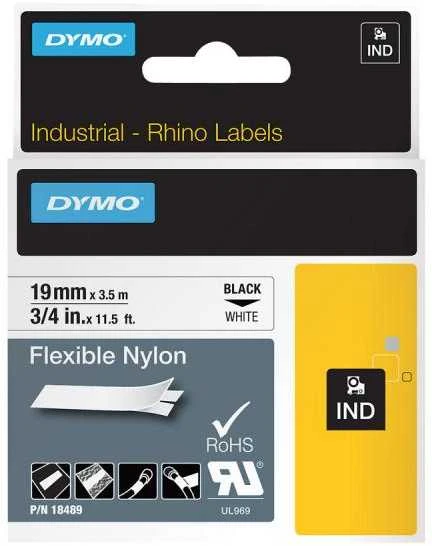 DYMO 18489 RHINO Nailono Juostelė 19mm x 3,5m (balta / juodas šifras)