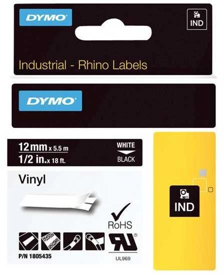 DYMO Rhino Professional, pastebima nuolatinė vinilo juosta, 12mm, baltas tekstas ant juodos juostos, 5,5m 1805435