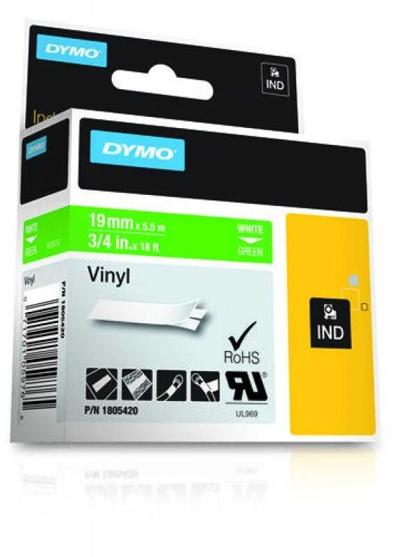 DYMO Rhino Vinilinė Juostelė 19mm x 5.5m / baltas ant žalios (1805420)