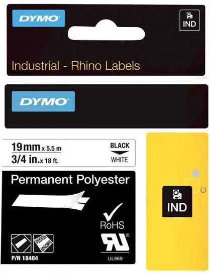 Juostelė DYMO Rhino 19 mm x 5.5 m, ilgalaikis poliesteris, juodas šriftas baltame fone