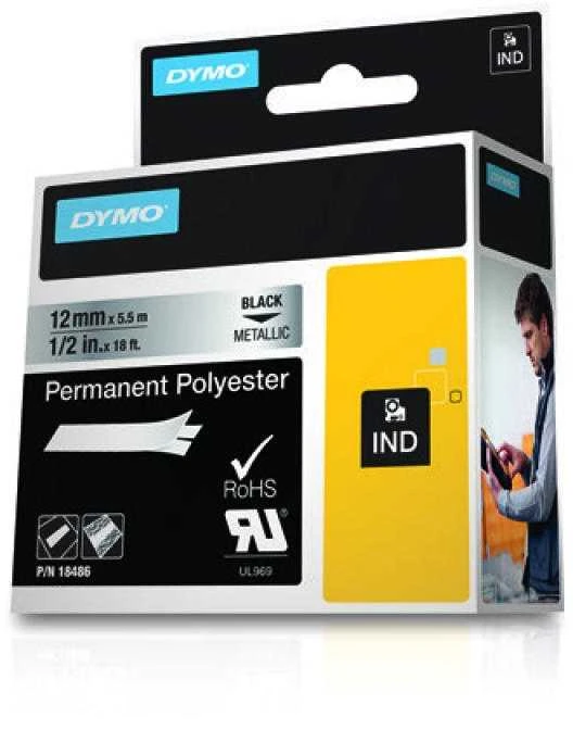 DYMO 18486 RHINO Poliesterio Juostelė 12mm x 5,5m (metalizuota / juodas šifras)