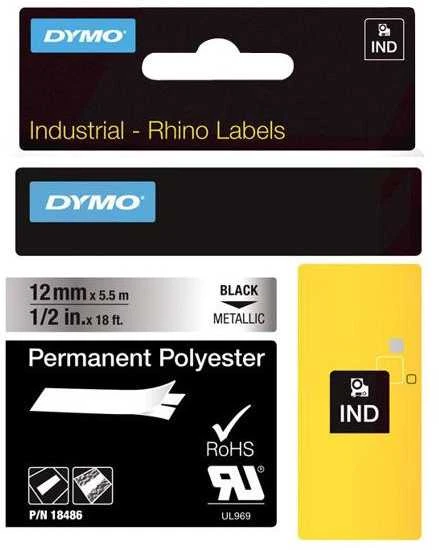 DYMO 18486 RHINO Poliesterio Juostelė 12mm x 5,5m (metalizuota / juodas šifras)
