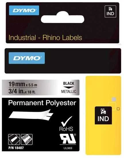 DYMO Rhino Poliesterio Juostelė 19mm x 5.5m / juodas ant metalizuotos / (18487)