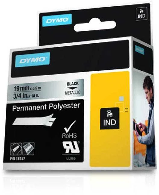 DYMO Rhino Poliesterio Juostelė 19mm x 5.5m / juodas ant metalizuotos / (18487)