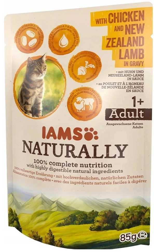 IAMS Naturally Adult konservuotas pašaras katėms su vištiena ir ėriena padaže 85g