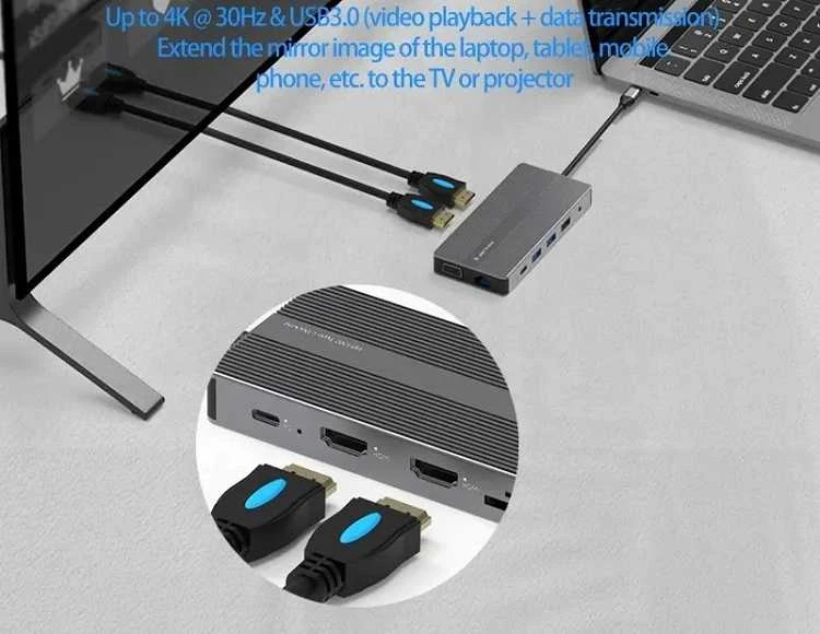 Extra Digital Adapteris USB Type-C - 2x HDMI, VGA, LAN, 3x USB Type-A, SD, TF, USB Type-C PD100W, Aux