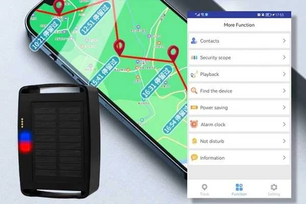 GPS seklys ir valdymo programėlės sąsaja