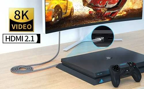 HDMI 2.1 laidas sujungtas su žaidimų konsole