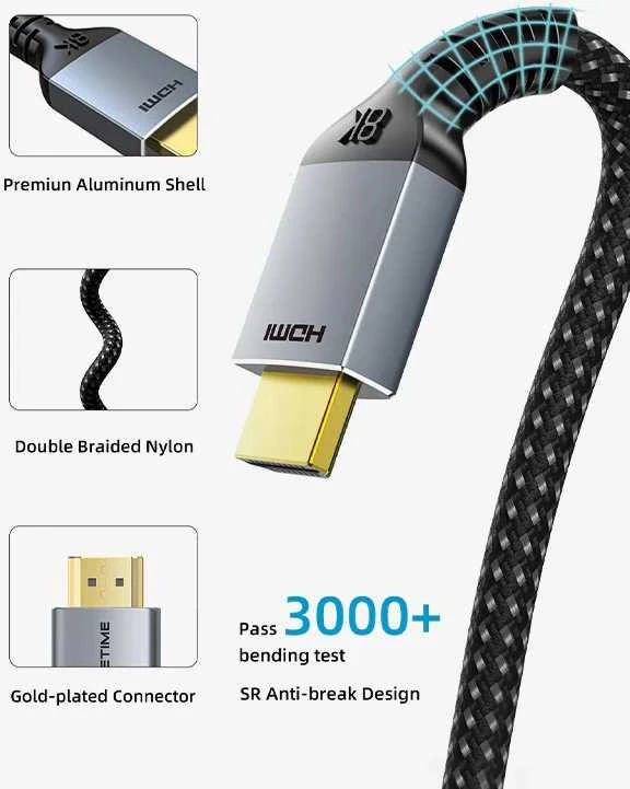 HDMI 8K laidas su sustiprinta jungtimi