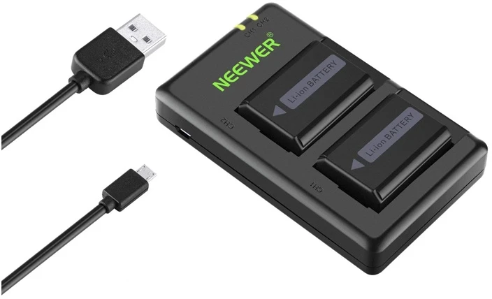 2 Sony pakaitinių baterijų rinkinys ir NEEWER NP-FW50 įkroviklis