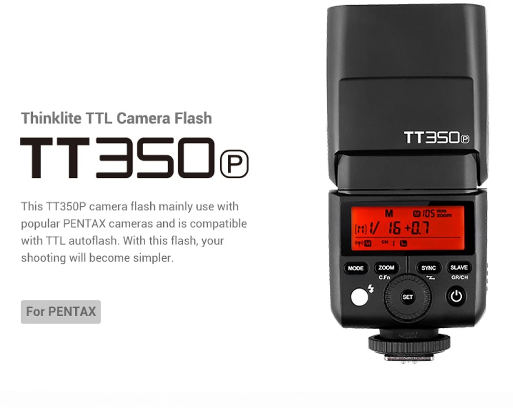 „Godox TT350P Speedlite“, skirta „Pentax“.