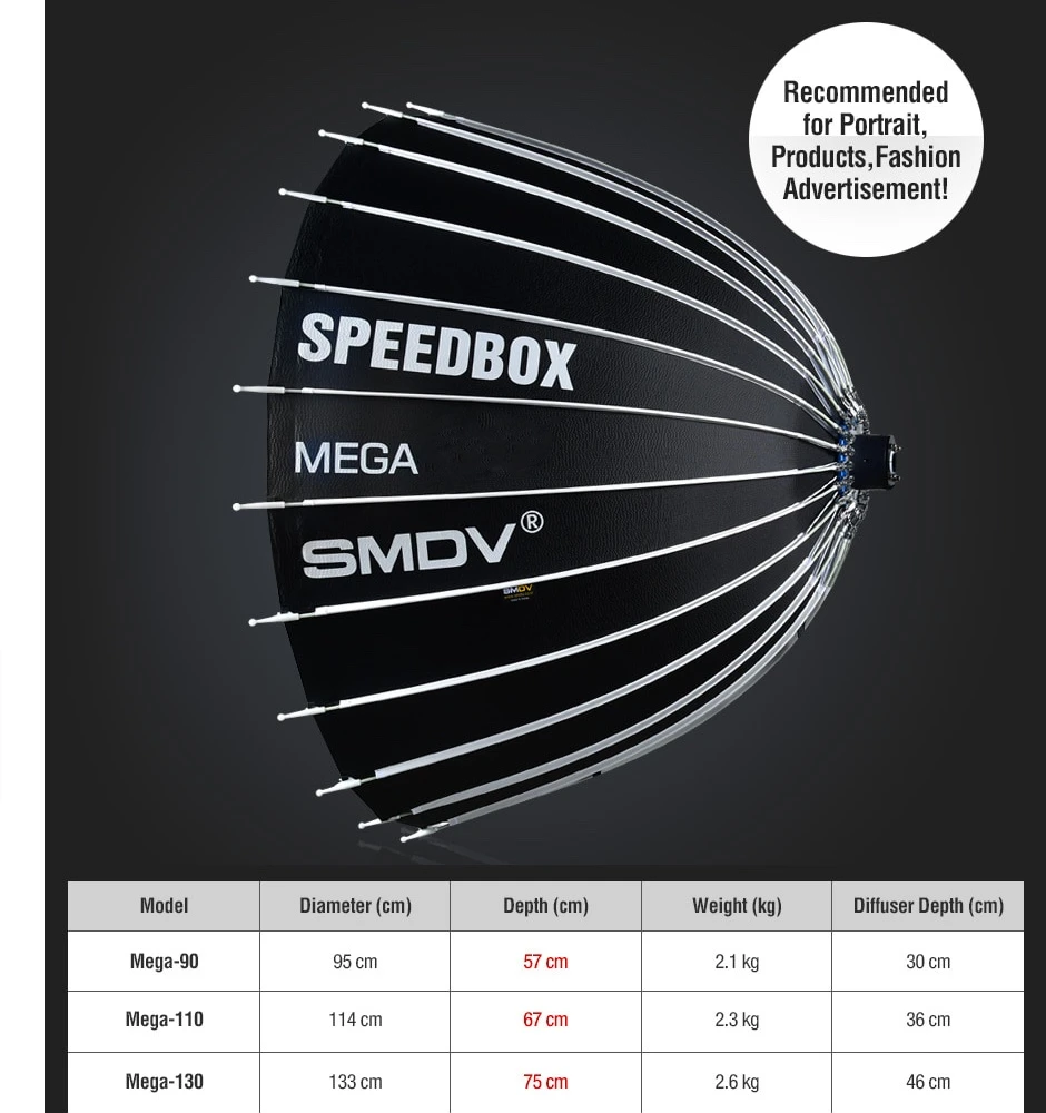 Fotoaparato softboksas - SMDV Speedbox Mega 130 Deep 133 cm sidabrinis su „Bowens“ jungtimi