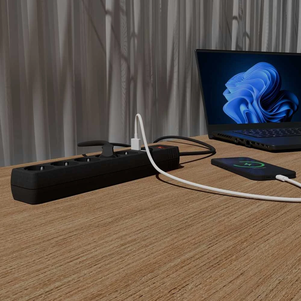EnerGenie | Prailgintuvas su USB įkrovikliu, 5 lizdai, 1,5 m, Juodas | SPG5-U2-5-02