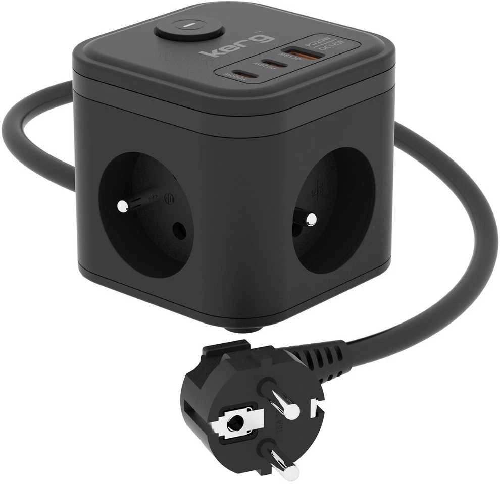 Inne KERG 3 lizdų maitinimo kubas + greitas įkroviklis USB-A+USB-C 1,5m 3×1,5mm2 H05VV-F 16A/250V~ Išmanusis juodas