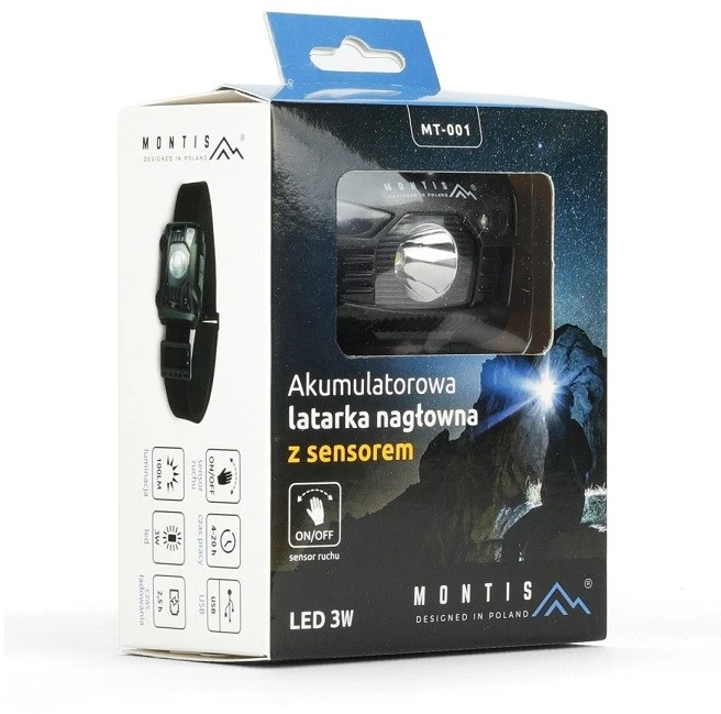 Montis Akumulatorowa latarka nagłowna su sensorem MT001 Juodas Headband prožektorius LED