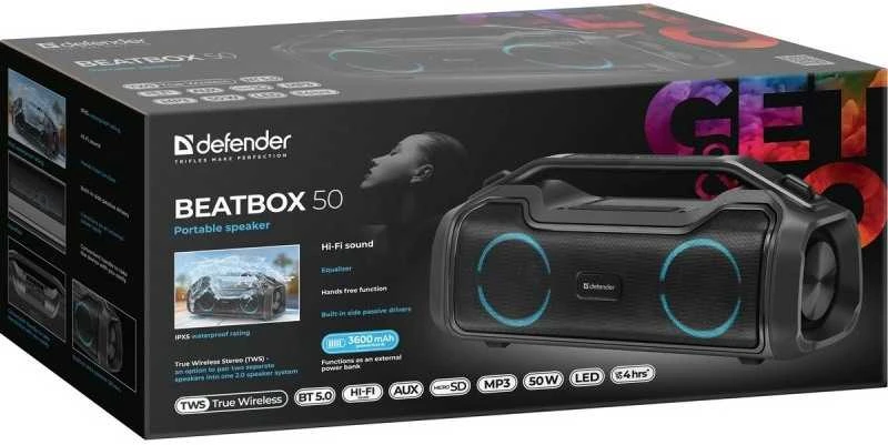DEFENDER BEATBOX 50 BLUETOOTH GARSIAKARUSIS 50W BT/RGB/TF/TypeC/IPX5/PWB
