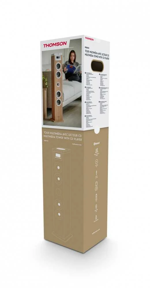 Kompiuterio kolonėlės Garsiakalbių Sistema - Thomson Sound Tower 60W CD USB SD Radijas Aux Nuotolinio Valdymo Pultas, Medinis, Baltas.
