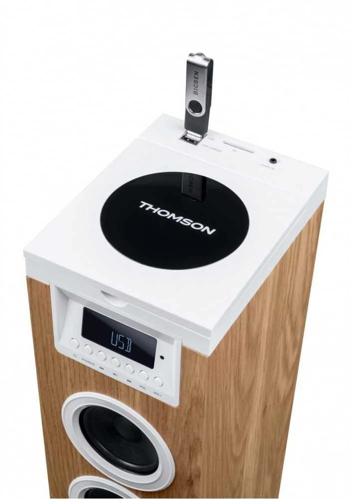 Kompiuterio kolonėlės Garsiakalbių Sistema - Thomson Sound Tower 60W CD USB SD Radijas Aux Nuotolinio Valdymo Pultas, Medinis, Baltas.