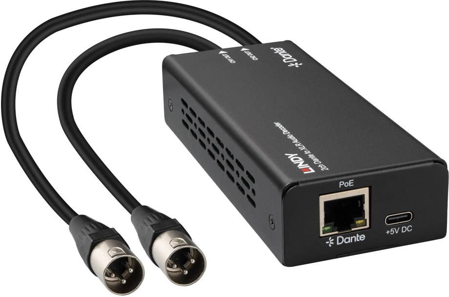 Garso Dekoderis - Lindy 2ch Dante į XLR 96kHz 24-Bit PoE Juodas