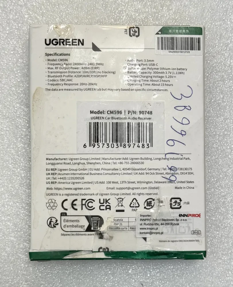 Ugreen CM596 Bluetooth 5.3 AUX garso imtuvas - juodas