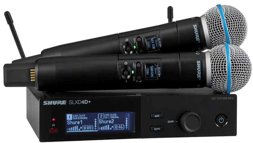 „Shure SLXD24D+E/B58-G65“ – dviguba skaitmeninė belaidė sistema su dviem siųstuvais / nešiojamais mikrofonais (470–606 MHz)