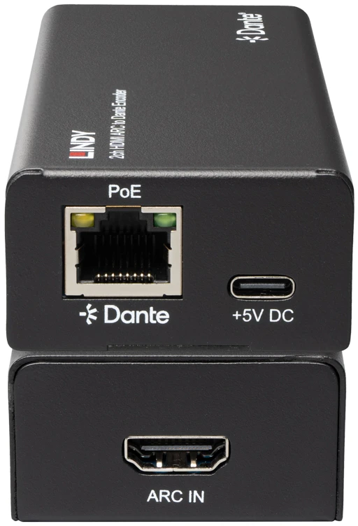 Lindy garso koduoklio jungtys: PoE, USB-C ir HDMI ARC