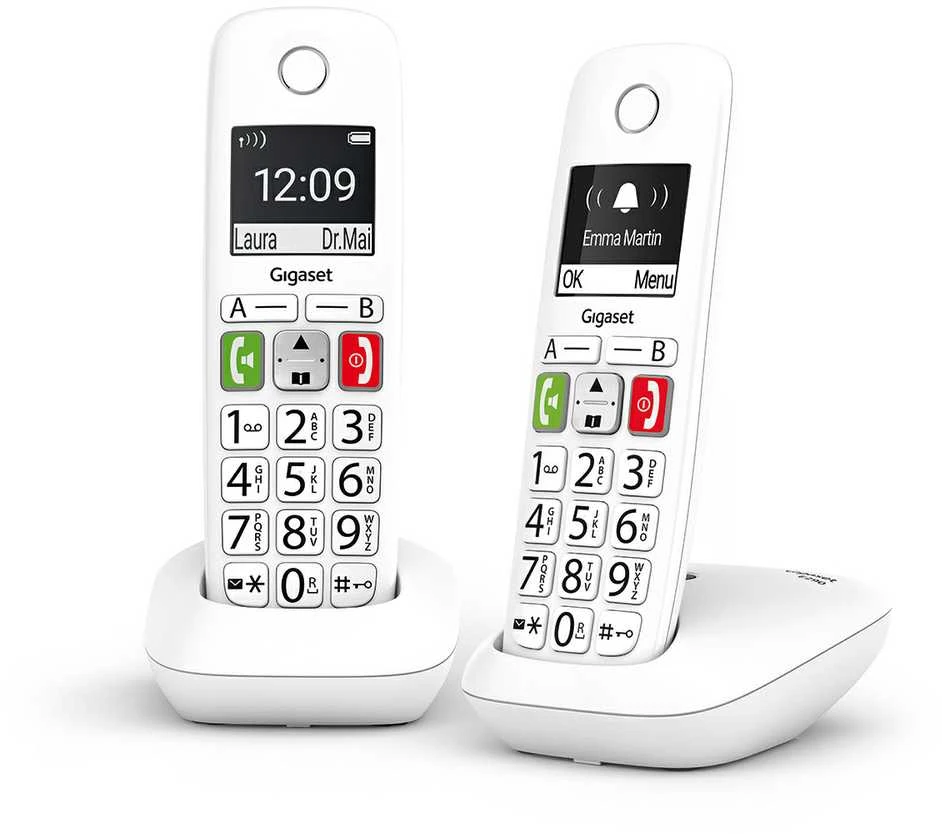 Belaidis telefonas - Gigaset E290 Duo Dideli Mygtukai, 150 Telefono Knygos Įrašų, Balta