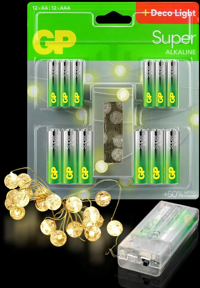 GP Battery Baterijos - GP AA LR6 Baterijų 12 Vnt. + AAA LR03 Baterijų 12 Vnt. Su 2 m LED Girlianda