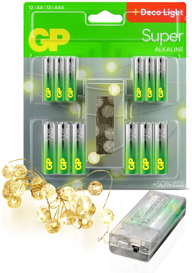 GP Battery Baterijos - GP AA LR6 Baterijų 12 Vnt. + AAA LR03 Baterijų 12 Vnt. Su 2 m LED Girlianda