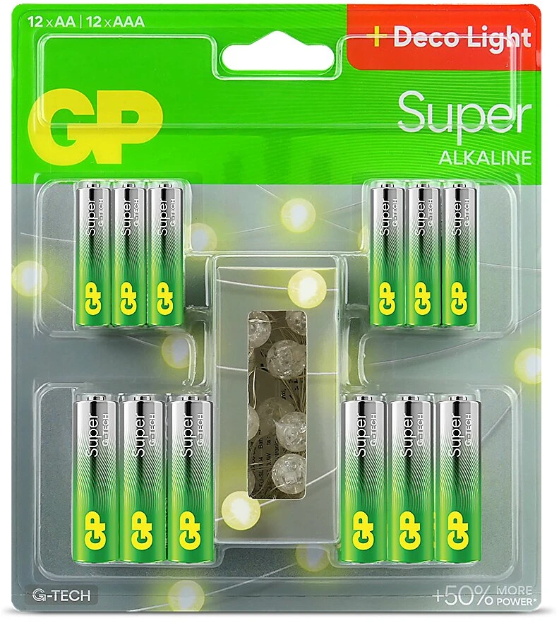 GP Battery Baterijos - GP AA LR6 Baterijų 12 Vnt. + AAA LR03 Baterijų 12 Vnt. Su 2 m LED Girlianda