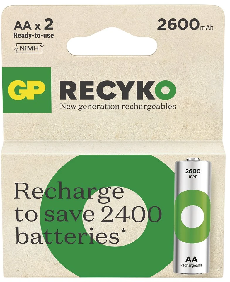 GP Battery Įkraunama baterija – GP ReCyko 2600 mAh R6 AA, 2 vnt.