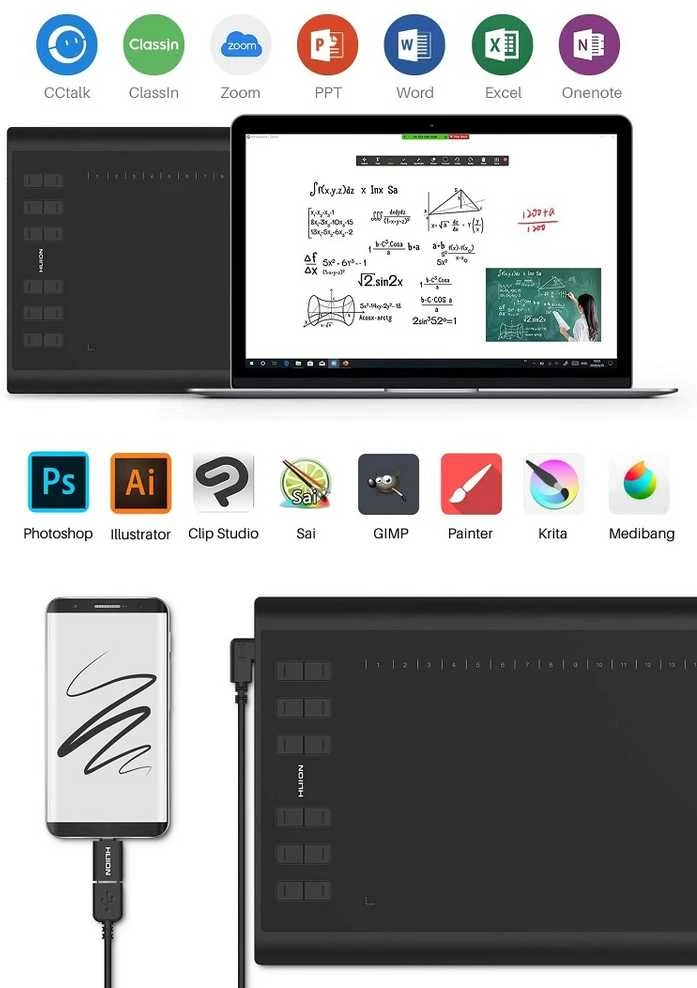 HUION H1060P grafinis planšetinis kompiuteris 5080 Lpi 250 x 160 mm USB Juodas