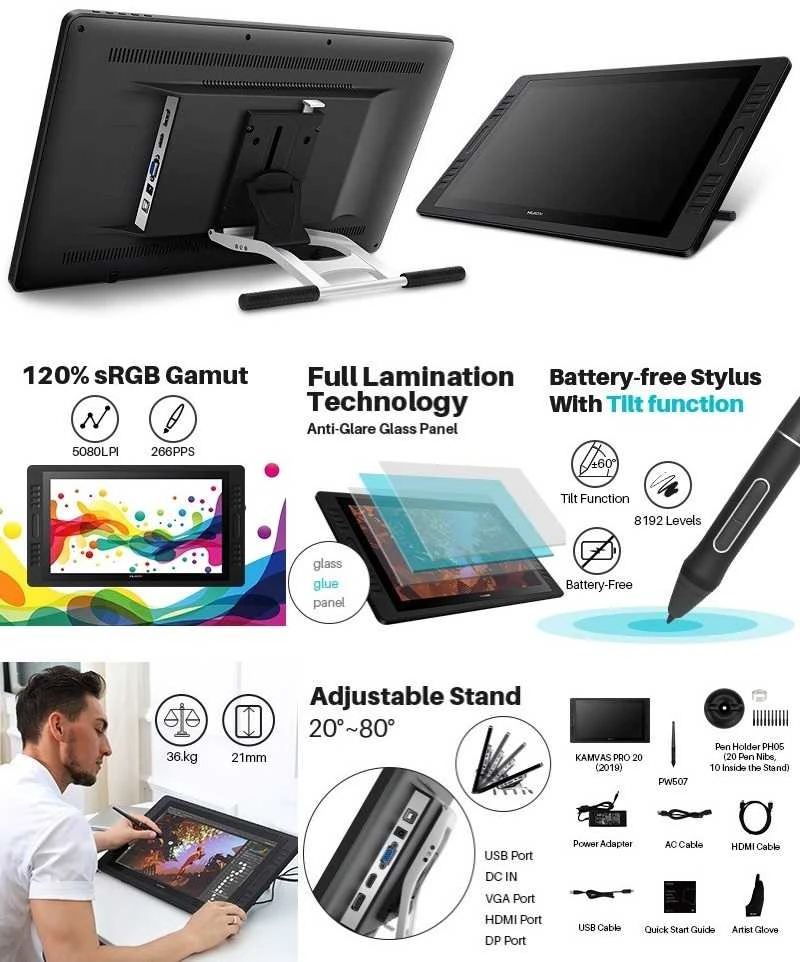 Grafikos Planšetė - HUION Kamvas Pro 20 19.5" FHD 8192 Lygiai Ekspresiniai Klavišai